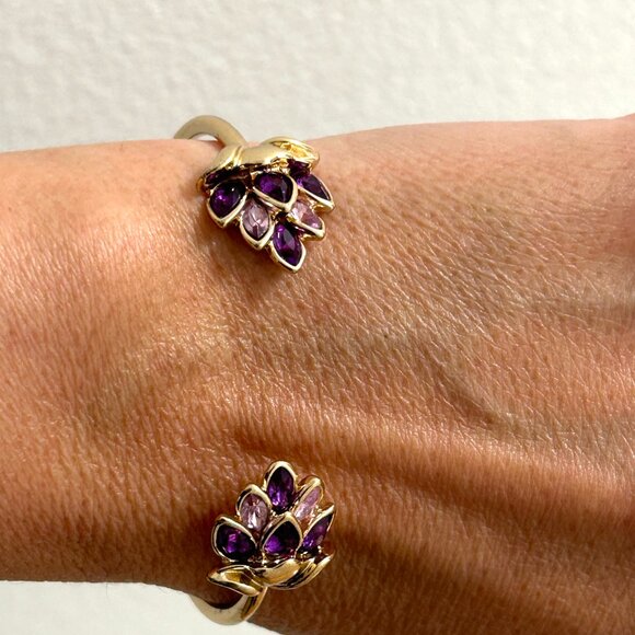 Designer Purple Lavender Crystal Rhinestone Lotus Flower Cuff Bracelet Gold Tone - Picture 12 of 14